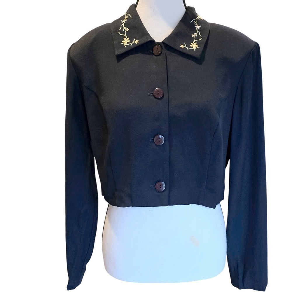 VTG 90s Dawn Joy Fashions Deep Navy Blazer Jacket Cropped Shrug USA Made 8 10